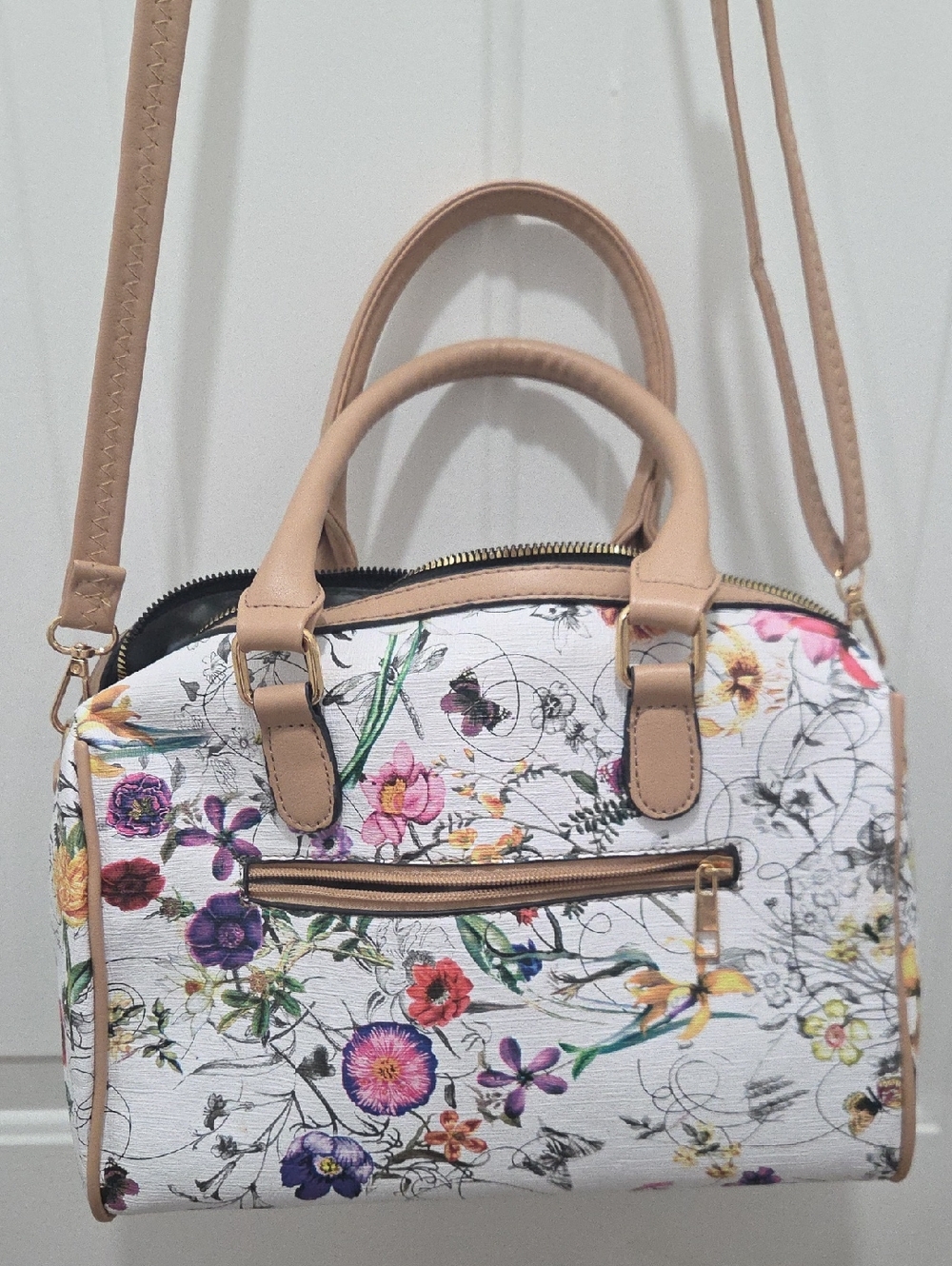 Floral Print Crossbody Satchel - White/Pink Floral with Beige Trim - Picture 3 of 5